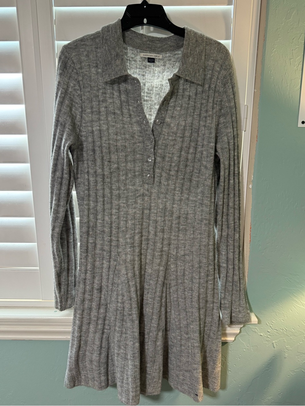 American Eagle Outfitters Gray Ribbed Long-Sleeve Polo Sweater Dress